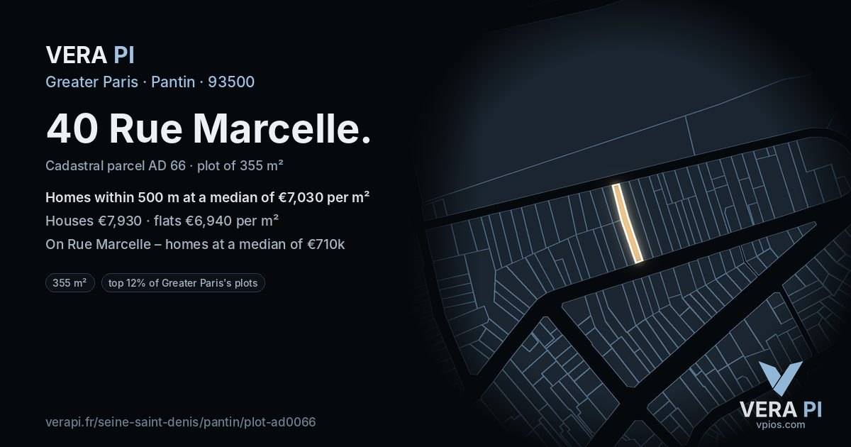 40 Rue Marcelle, Pantin at night – the plot lit, the parcels around coloured by the prices near them