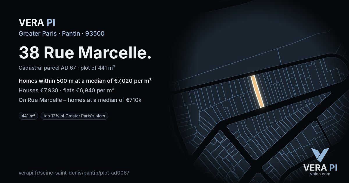 38 Rue Marcelle, Pantin at night – the plot lit, the parcels around coloured by the prices near them