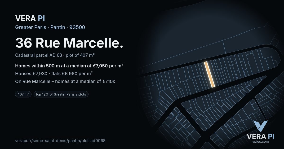 36 Rue Marcelle, Pantin at night – the plot lit, the parcels around coloured by the prices near them