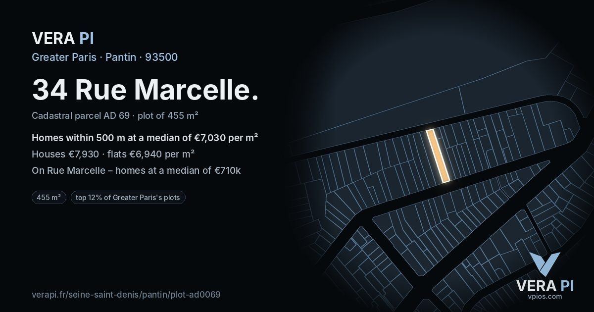 34 Rue Marcelle, Pantin at night – the plot lit, the parcels around coloured by the prices near them