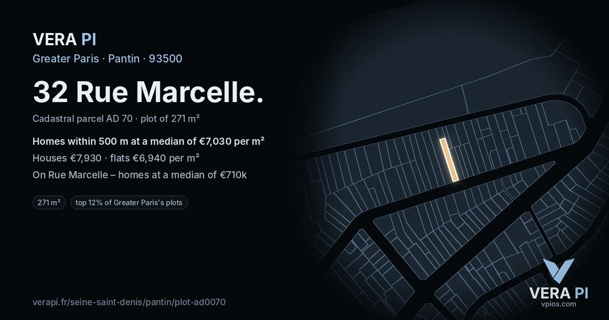 32 Rue Marcelle, Pantin at night – the plot lit, the parcels around coloured by the prices near them