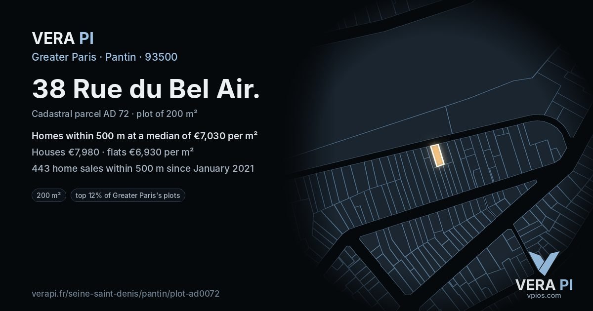 38 Rue du Bel Air, Pantin at night – the plot lit, the parcels around coloured by the prices near them