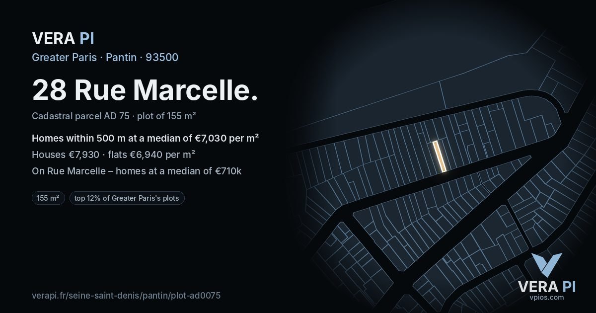 28 Rue Marcelle, Pantin at night – the plot lit, the parcels around coloured by the prices near them