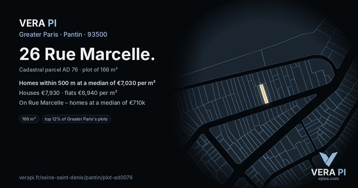 26 Rue Marcelle, Pantin at night – the plot lit, the parcels around coloured by the prices near them