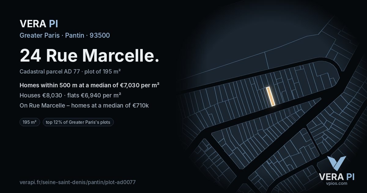 24 Rue Marcelle, Pantin at night – the plot lit, the parcels around coloured by the prices near them