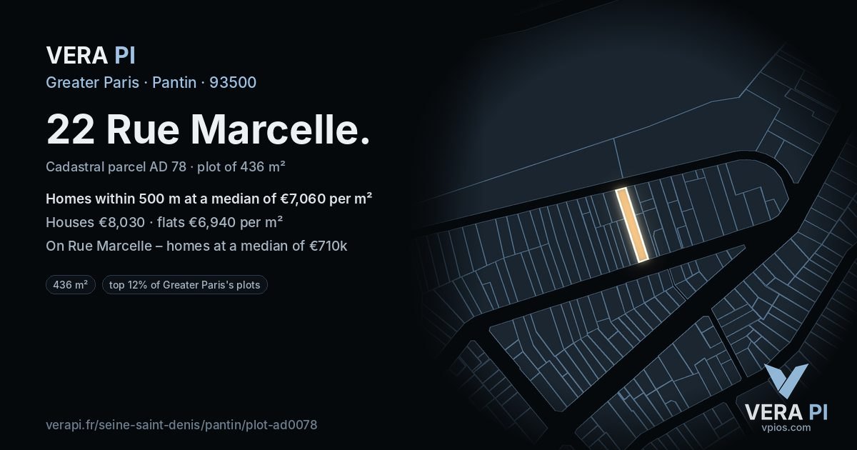 22 Rue Marcelle, Pantin at night – the plot lit, the parcels around coloured by the prices near them