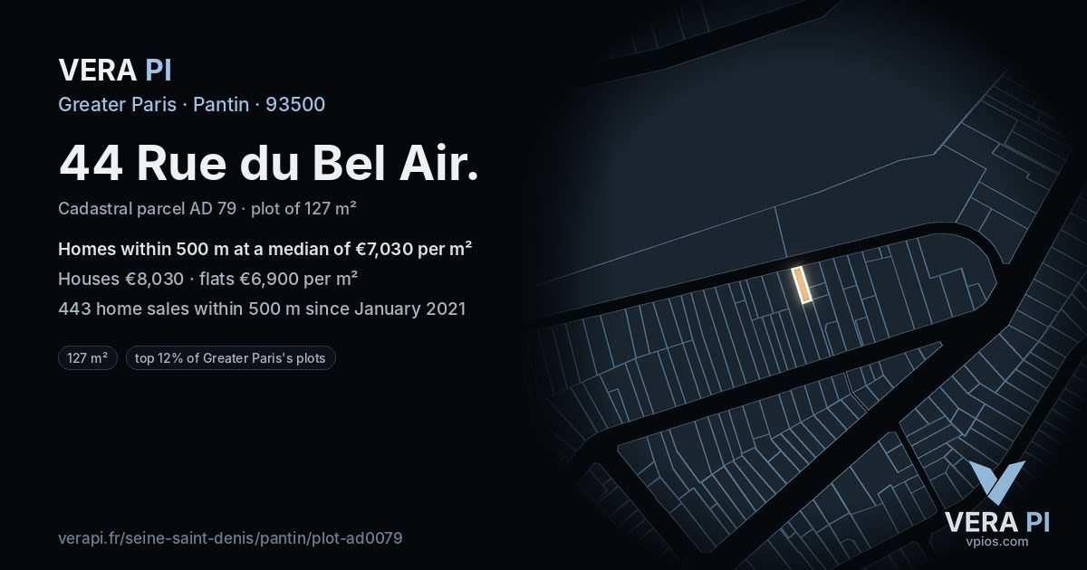 44 Rue du Bel Air, Pantin at night – the plot lit, the parcels around coloured by the prices near them