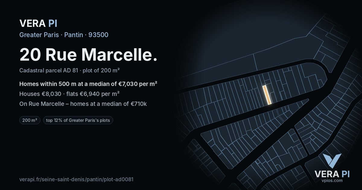 20 Rue Marcelle, Pantin at night – the plot lit, the parcels around coloured by the prices near them