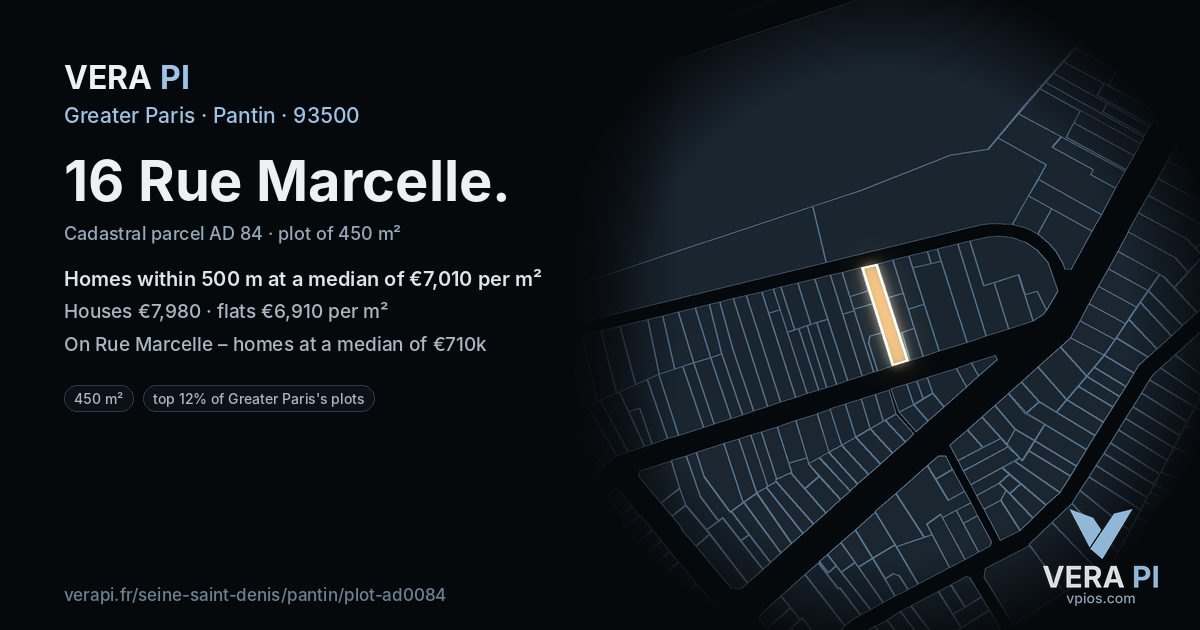 16 Rue Marcelle, Pantin at night – the plot lit, the parcels around coloured by the prices near them