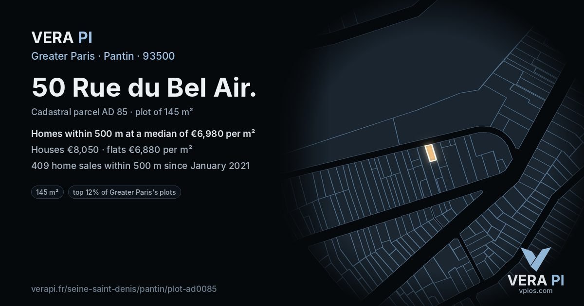50 Rue du Bel Air, Pantin at night – the plot lit, the parcels around coloured by the prices near them