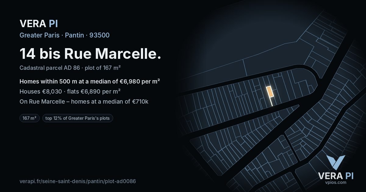 14 bis Rue Marcelle, Pantin at night – the plot lit, the parcels around coloured by the prices near them