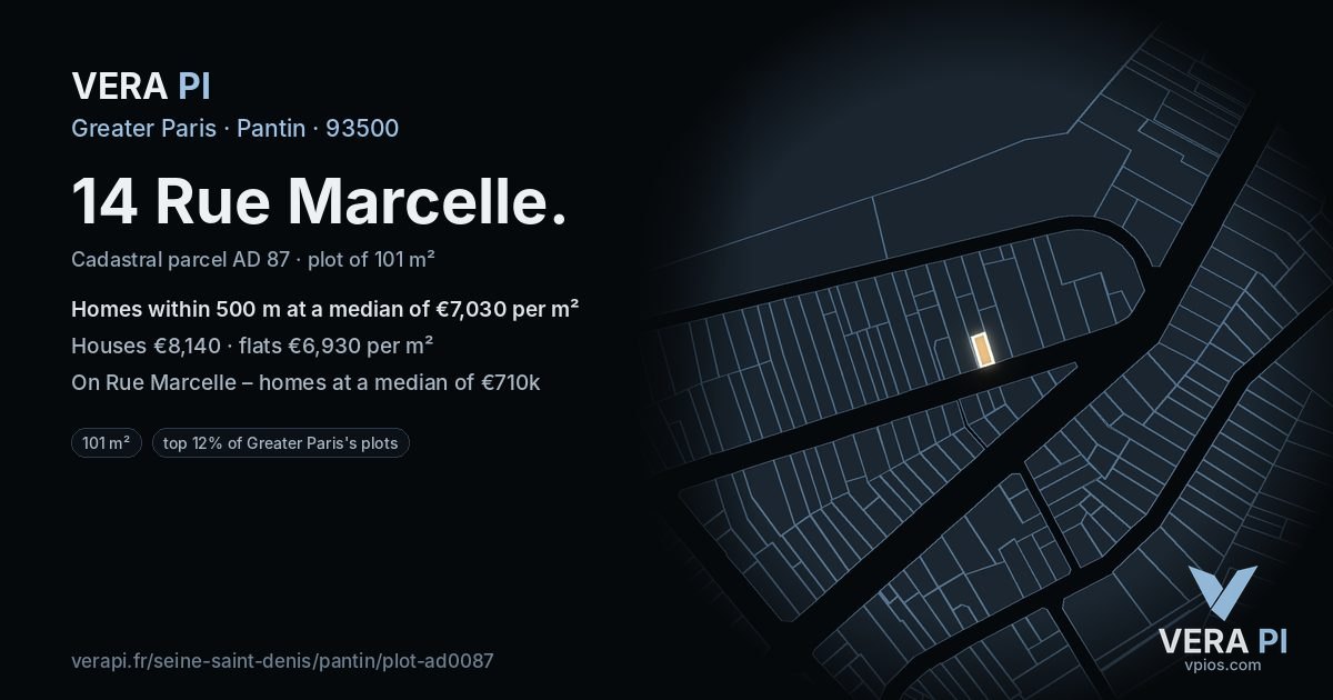 14 Rue Marcelle, Pantin at night – the plot lit, the parcels around coloured by the prices near them