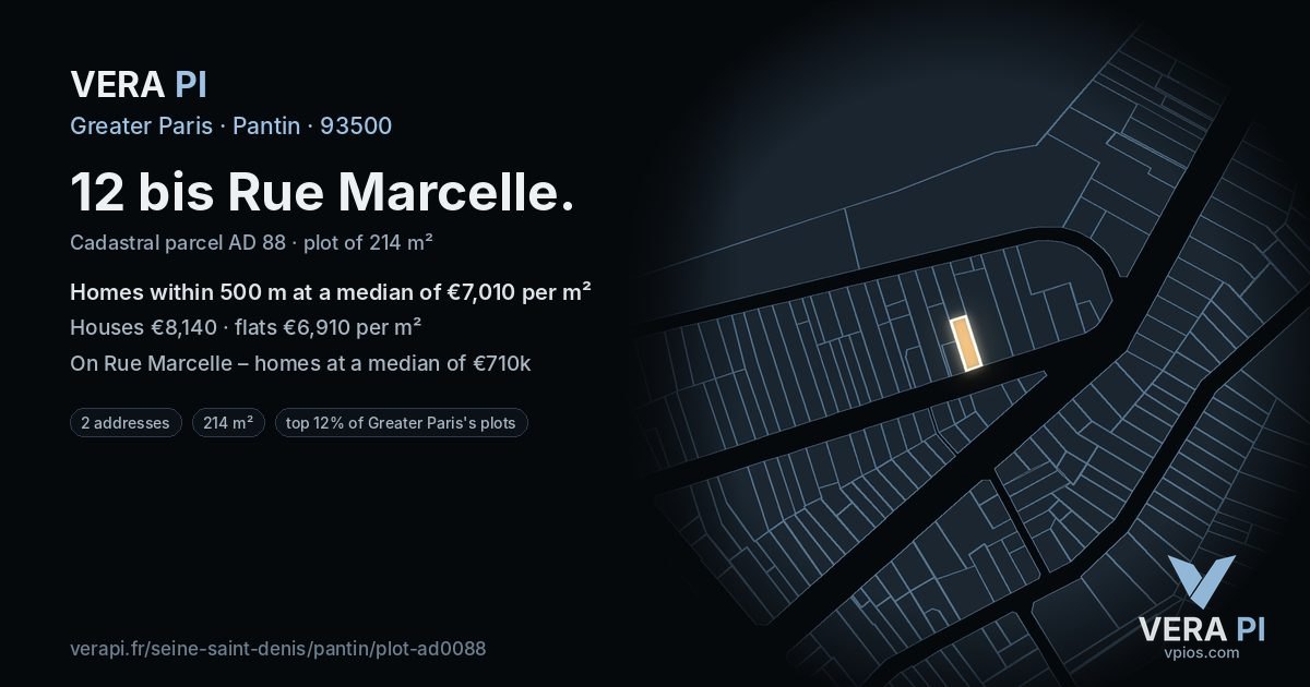 12 bis Rue Marcelle, Pantin at night – the plot lit, the parcels around coloured by the prices near them