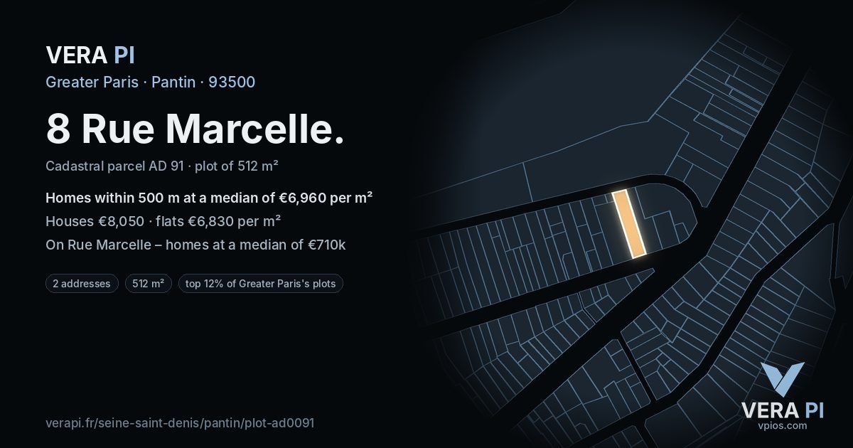 8 Rue Marcelle, Pantin at night – the plot lit, the parcels around coloured by the prices near them