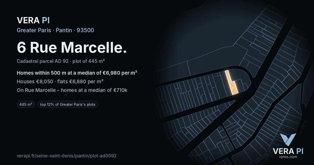 6 Rue Marcelle, Pantin at night – the plot lit, the parcels around coloured by the prices near them