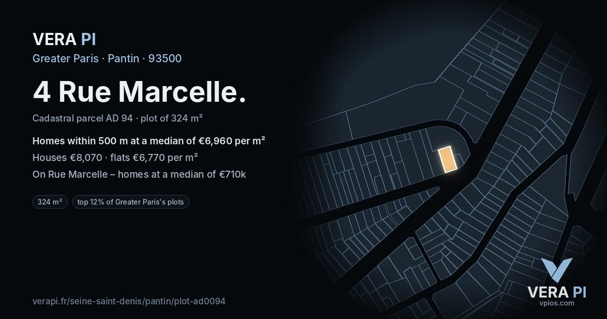 4 Rue Marcelle, Pantin at night – the plot lit, the parcels around coloured by the prices near them