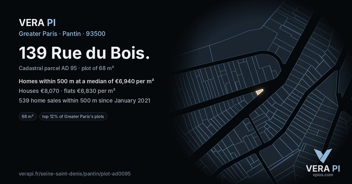 139 Rue du Bois, Pantin at night – the plot lit, the parcels around coloured by the prices near them