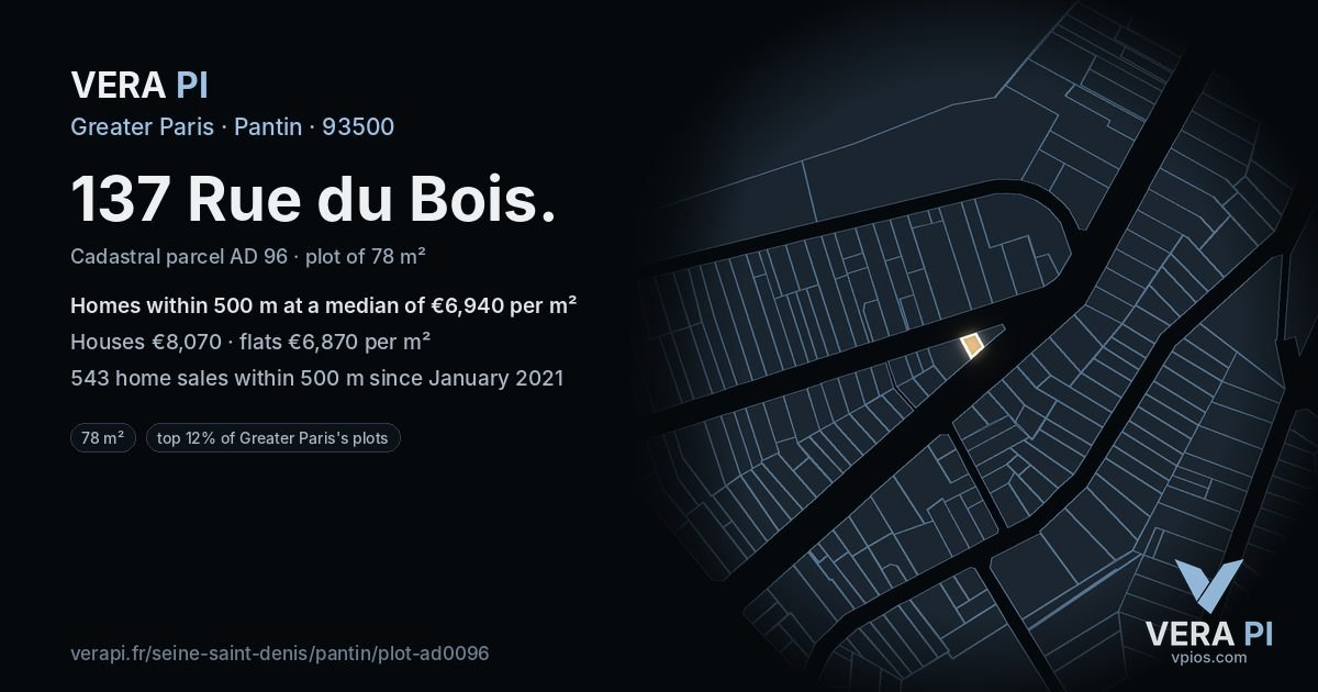 137 Rue du Bois, Pantin at night – the plot lit, the parcels around coloured by the prices near them