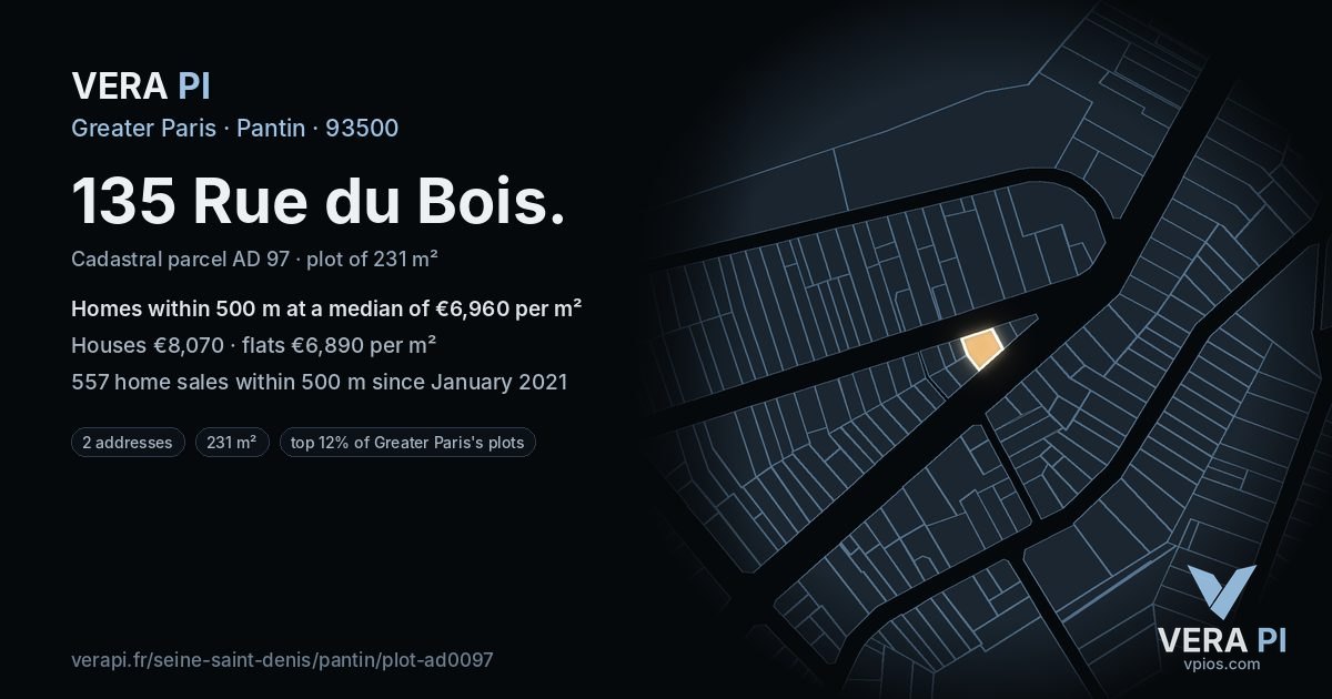 135 Rue du Bois, Pantin at night – the plot lit, the parcels around coloured by the prices near them