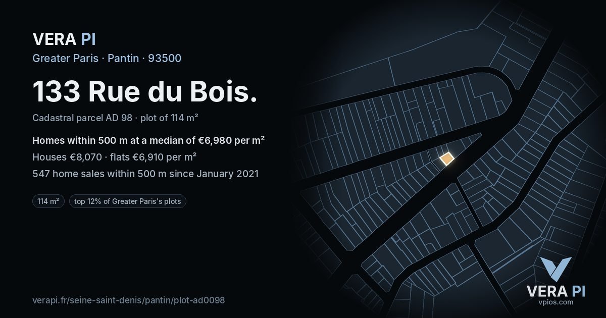 133 Rue du Bois, Pantin at night – the plot lit, the parcels around coloured by the prices near them