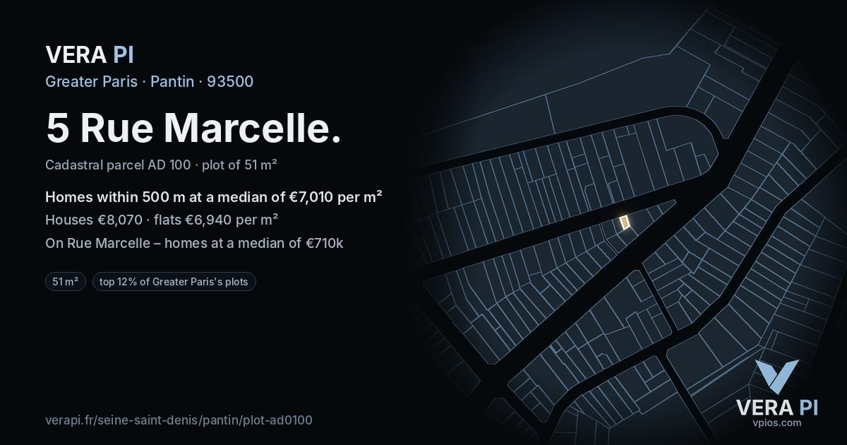5 Rue Marcelle, Pantin at night – the plot lit, the parcels around coloured by the prices near them