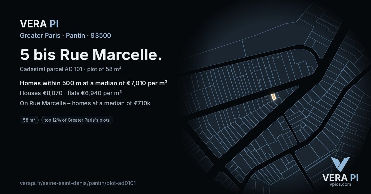 5 bis Rue Marcelle, Pantin at night – the plot lit, the parcels around coloured by the prices near them