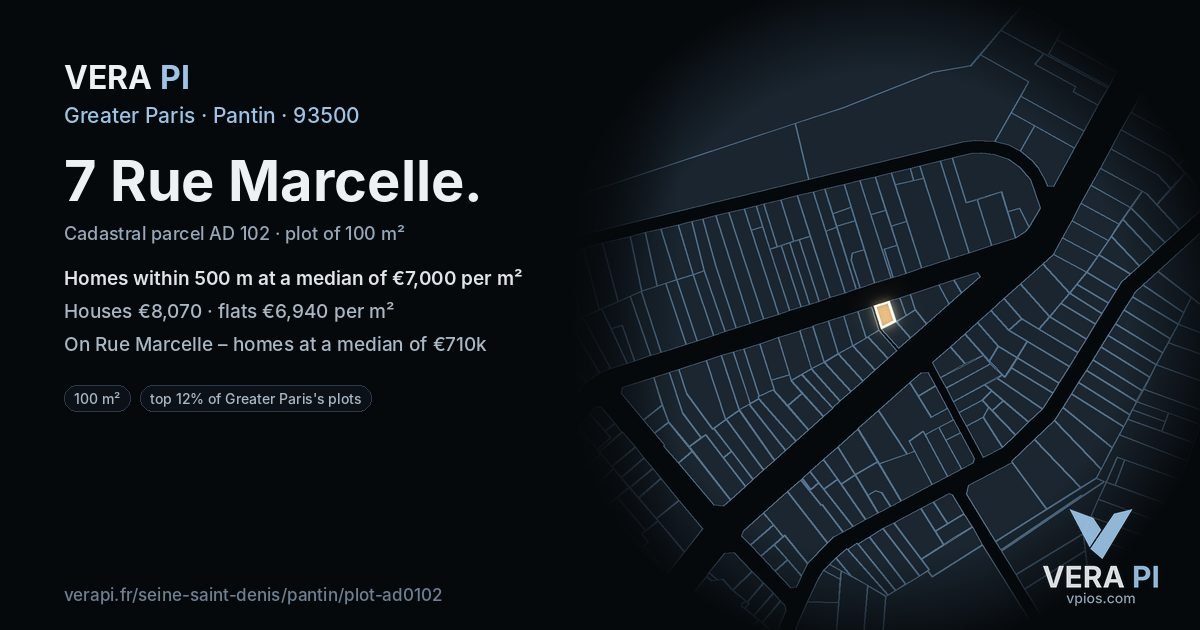 7 Rue Marcelle, Pantin at night – the plot lit, the parcels around coloured by the prices near them
