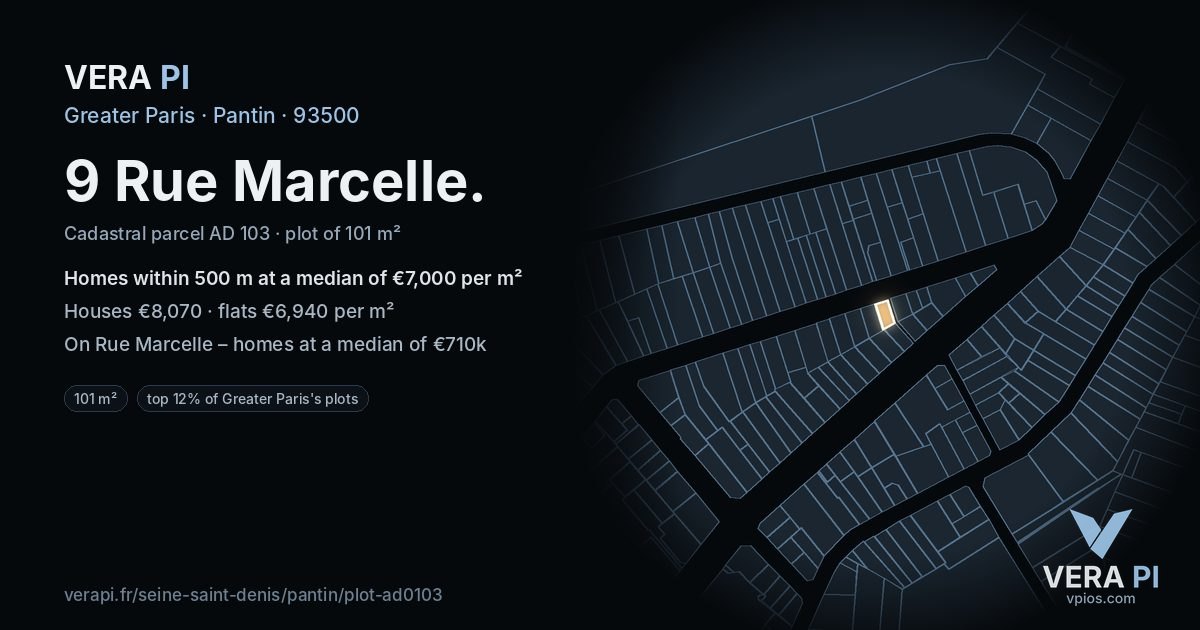 9 Rue Marcelle, Pantin at night – the plot lit, the parcels around coloured by the prices near them