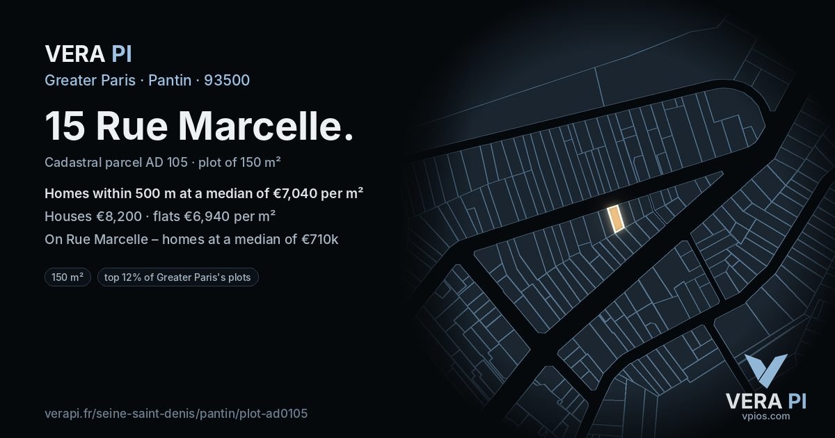 15 Rue Marcelle, Pantin at night – the plot lit, the parcels around coloured by the prices near them