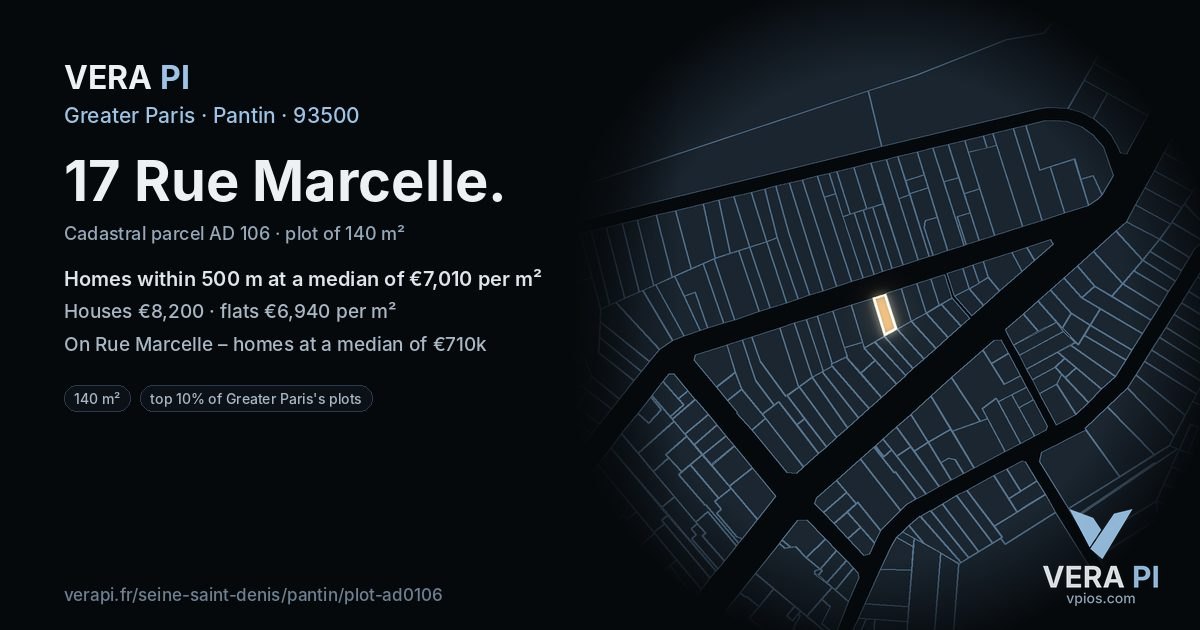 17 Rue Marcelle, Pantin at night – the plot lit, the parcels around coloured by the prices near them