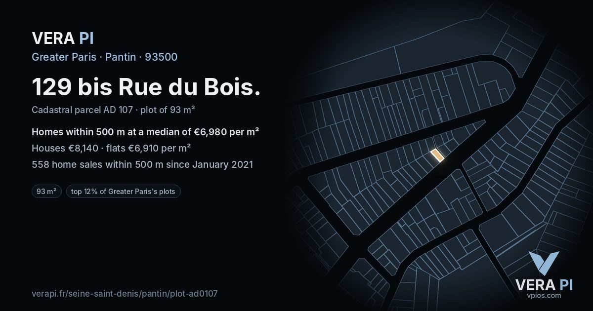129 bis Rue du Bois, Pantin at night – the plot lit, the parcels around coloured by the prices near them