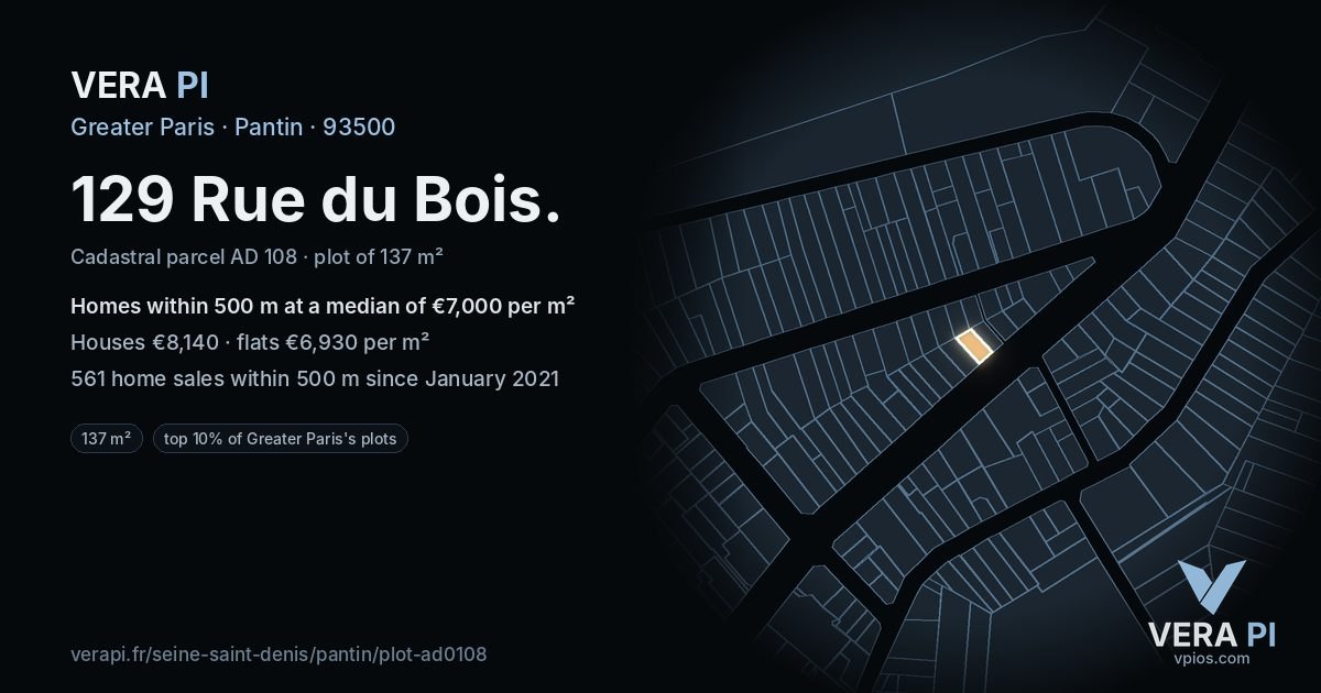 129 Rue du Bois, Pantin at night – the plot lit, the parcels around coloured by the prices near them