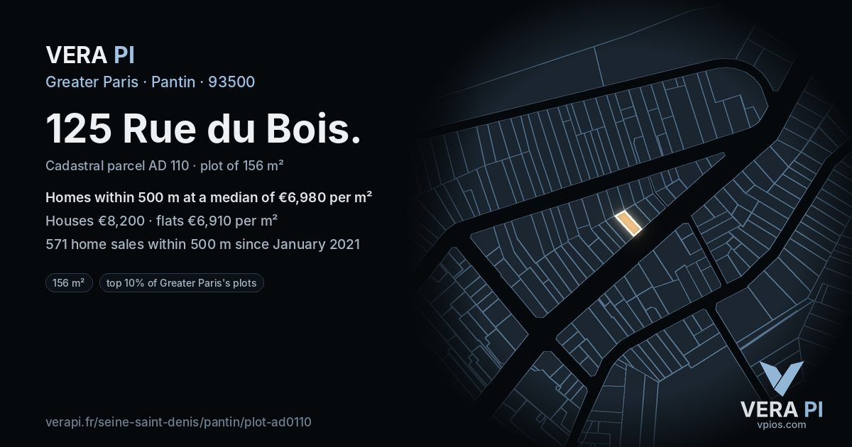 125 Rue du Bois, Pantin at night – the plot lit, the parcels around coloured by the prices near them
