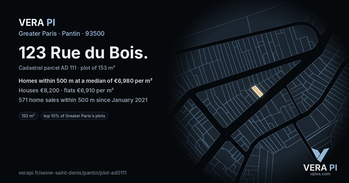 123 Rue du Bois, Pantin at night – the plot lit, the parcels around coloured by the prices near them