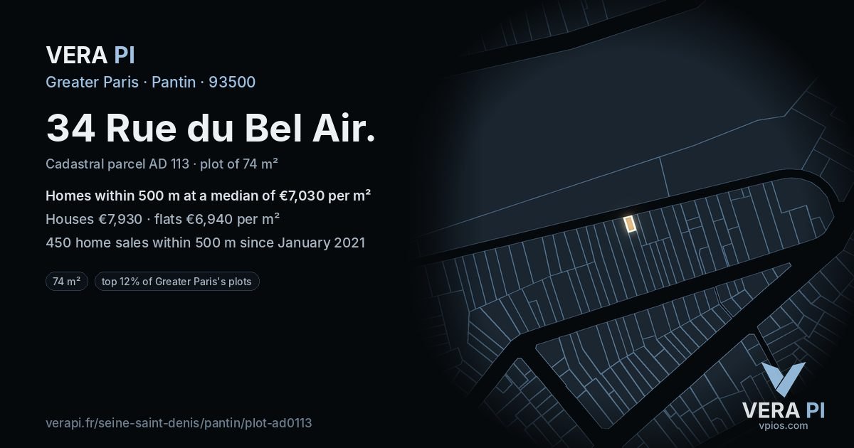 34 Rue du Bel Air, Pantin at night – the plot lit, the parcels around coloured by the prices near them