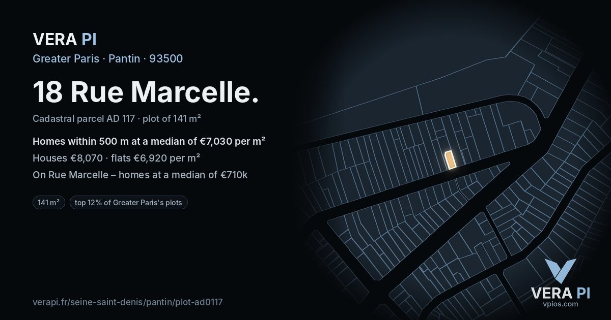 18 Rue Marcelle, Pantin at night – the plot lit, the parcels around coloured by the prices near them