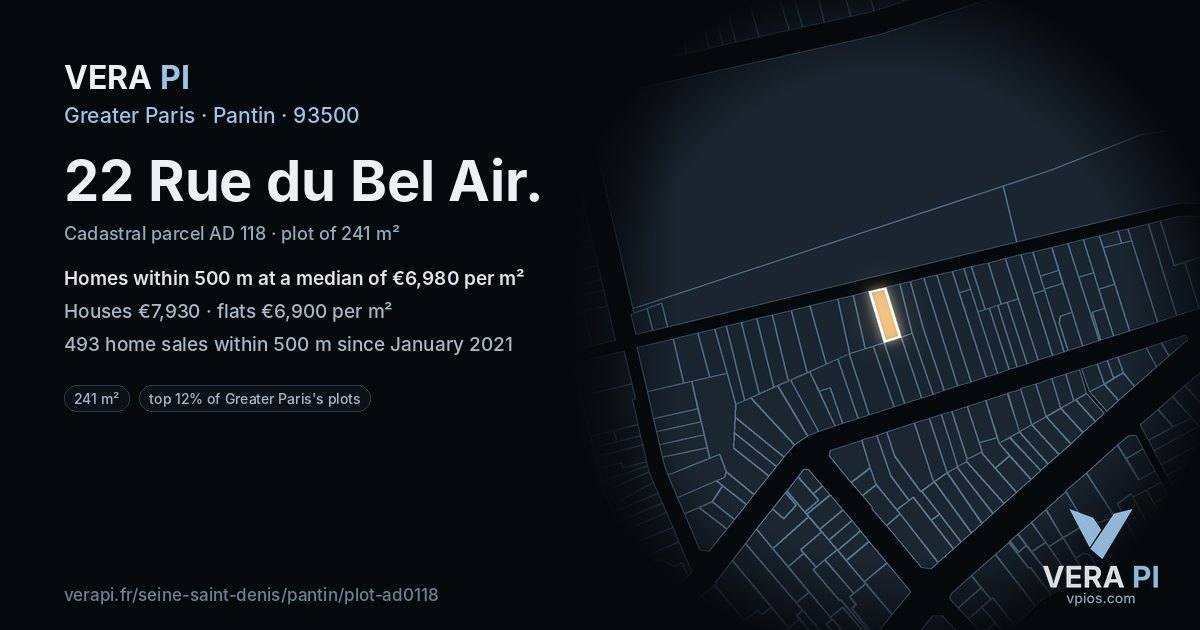 22 Rue du Bel Air, Pantin at night – the plot lit, the parcels around coloured by the prices near them