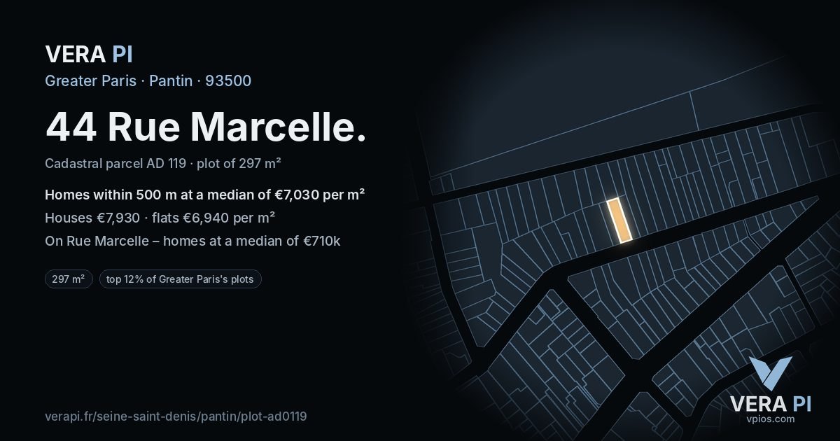 44 Rue Marcelle, Pantin at night – the plot lit, the parcels around coloured by the prices near them
