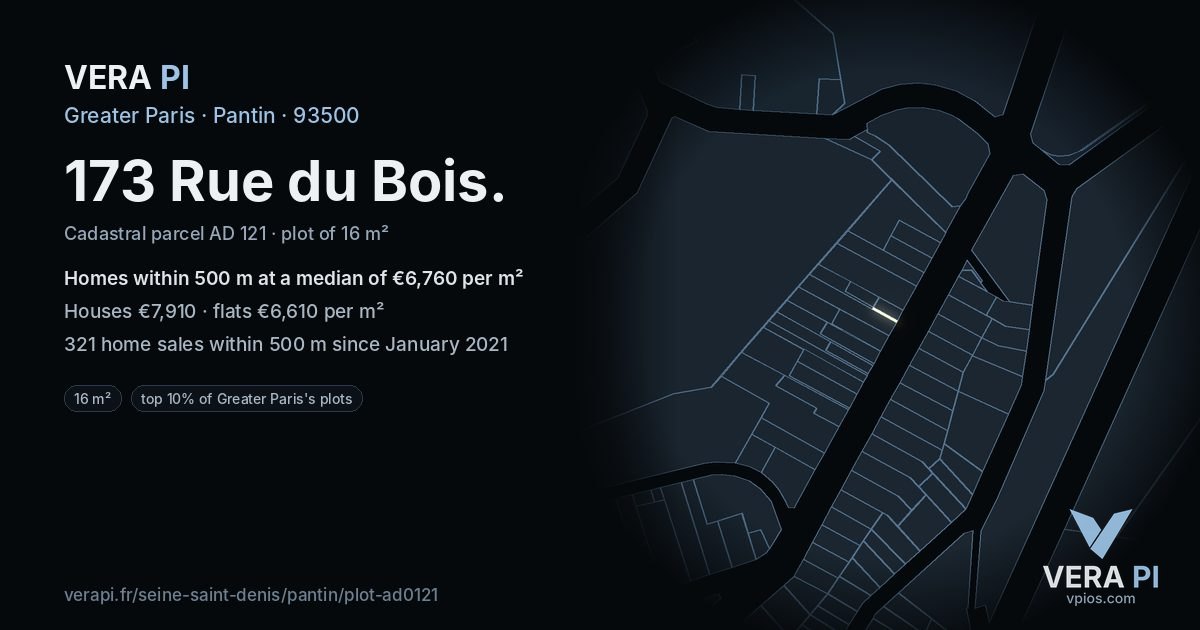 173 Rue du Bois, Pantin at night – the plot lit, the parcels around coloured by the prices near them