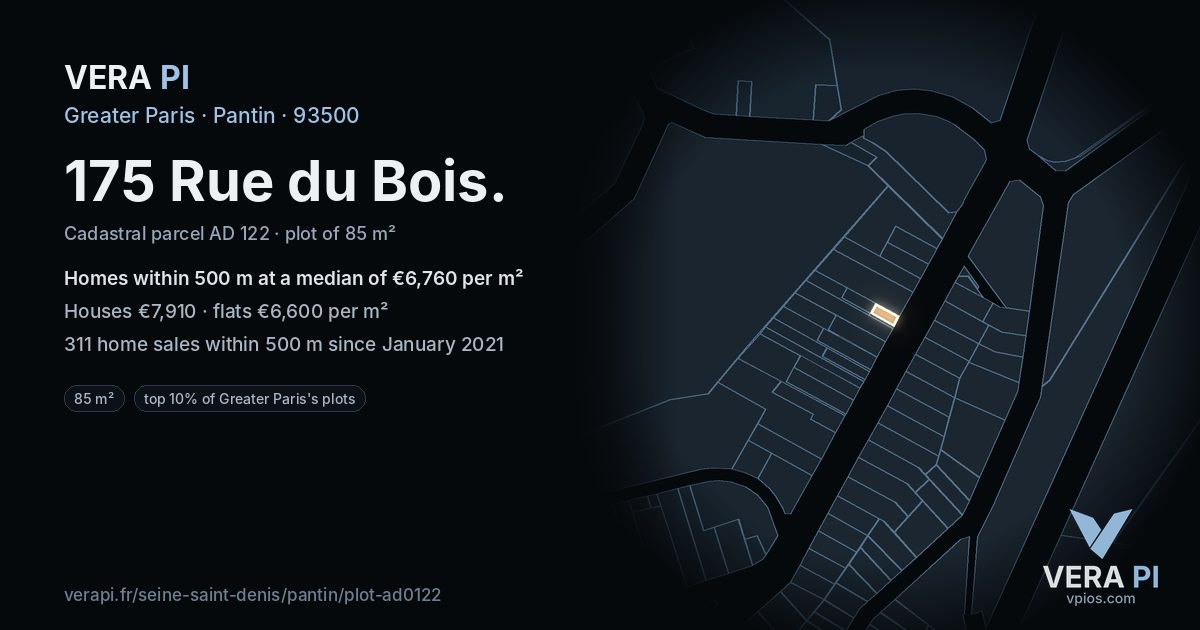 175 Rue du Bois, Pantin at night – the plot lit, the parcels around coloured by the prices near them