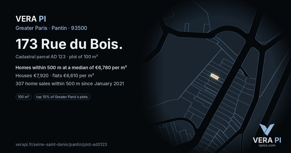 173 Rue du Bois, Pantin at night – the plot lit, the parcels around coloured by the prices near them