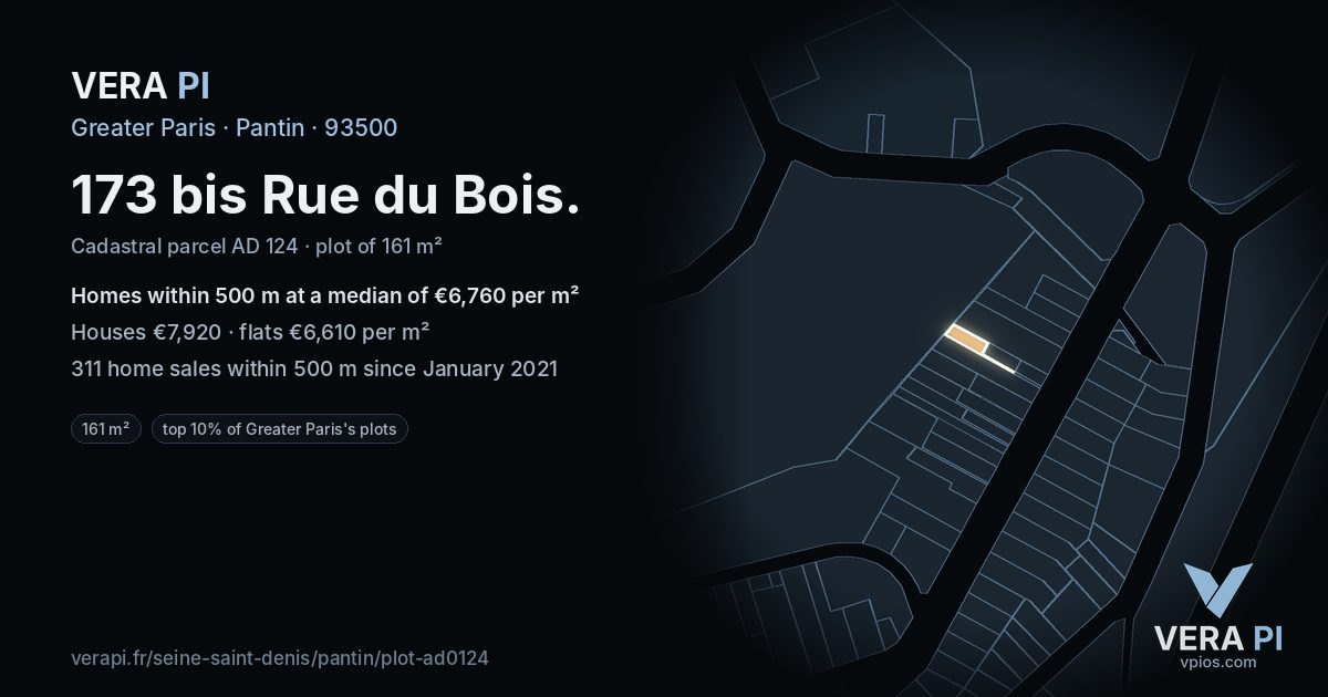173 bis Rue du Bois, Pantin at night – the plot lit, the parcels around coloured by the prices near them