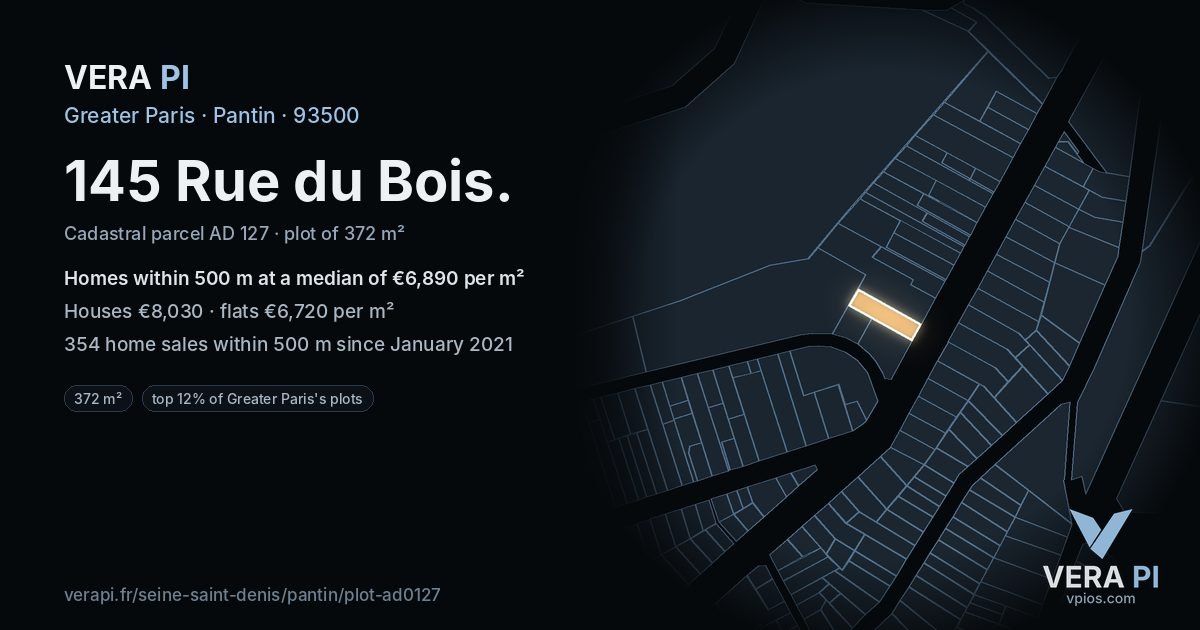 145 Rue du Bois, Pantin at night – the plot lit, the parcels around coloured by the prices near them