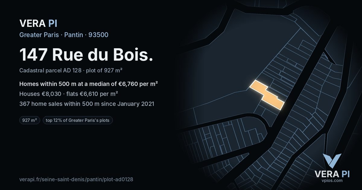 147 Rue du Bois, Pantin at night – the plot lit, the parcels around coloured by the prices near them