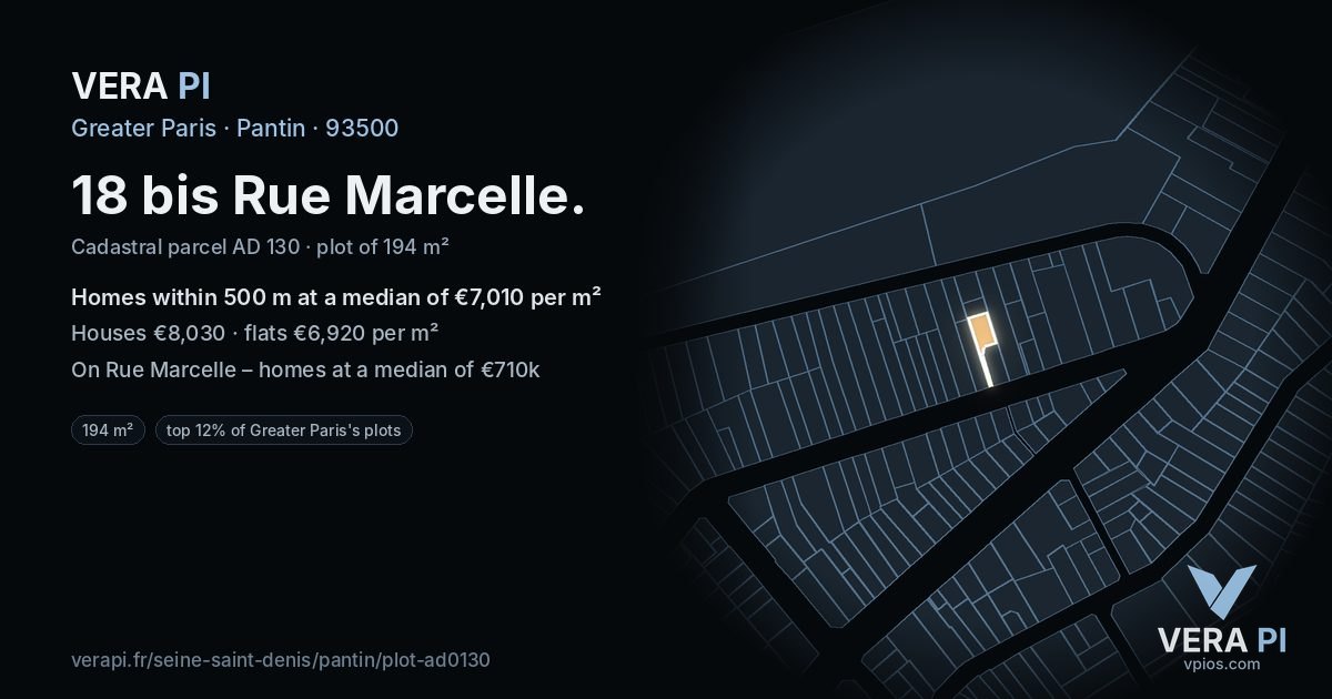 18 bis Rue Marcelle, Pantin at night – the plot lit, the parcels around coloured by the prices near them