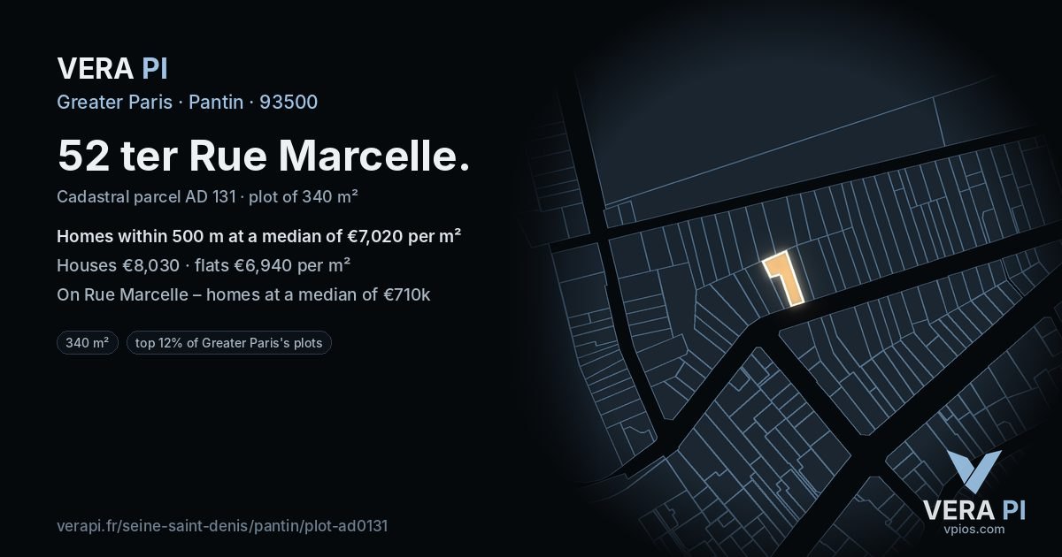 52 ter Rue Marcelle, Pantin at night – the plot lit, the parcels around coloured by the prices near them