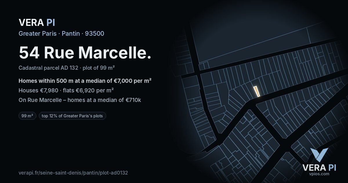 54 Rue Marcelle, Pantin at night – the plot lit, the parcels around coloured by the prices near them