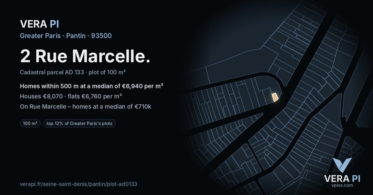 2 Rue Marcelle, Pantin at night – the plot lit, the parcels around coloured by the prices near them