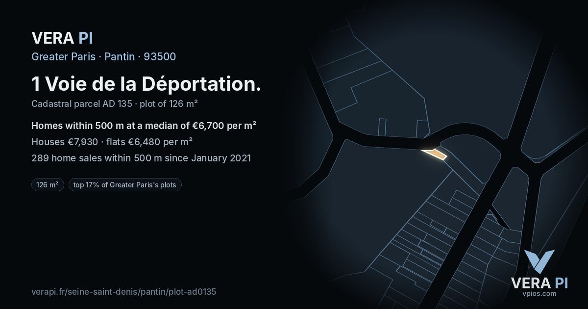 1 Voie de la Déportation, Pantin at night – the plot lit, the parcels around coloured by the prices near them