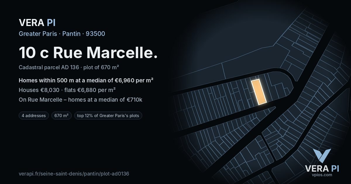 10 c Rue Marcelle, Pantin at night – the plot lit, the parcels around coloured by the prices near them